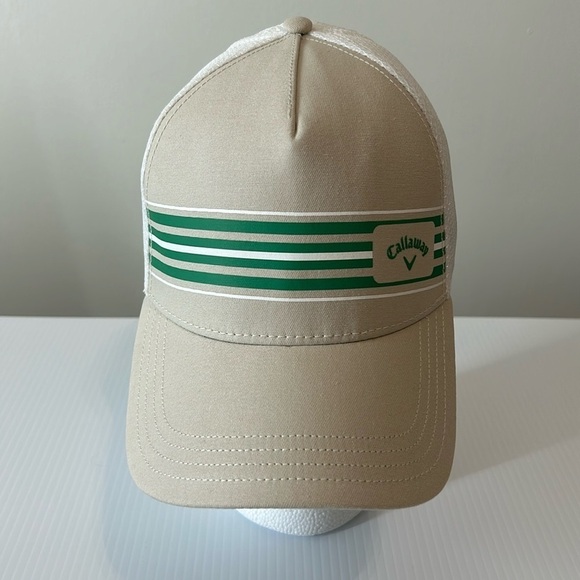 Callaway‎ Hat Cap Snap Back Mens Beige Green Stripe Mesh Trucker EUC - Picture 1 of 8
